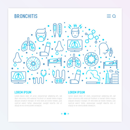 Bronchitis concept with thin line icons of symptoms and treatments: headache, alveolus, inhaler, nebulizer, stethoscope, thermometer, x-ray, bed rest. Vector illustration for banner, print media.のイラスト素材