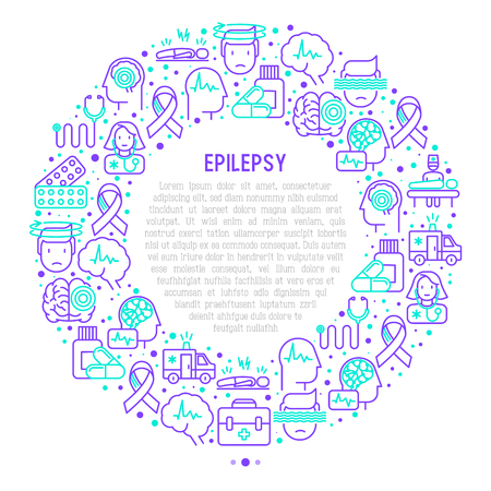 Epilepsy concept in circle with thin line icons of symptoms and treatments: convulsion, disorder, dizziness, brain scan. World epilepsy day. Vector illustration for banner, web page, print media.のイラスト素材