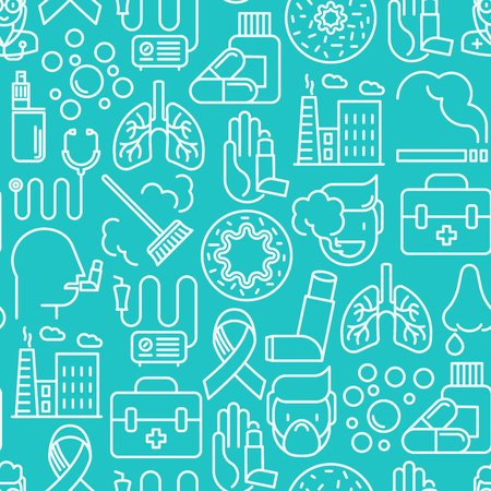 Asthma seamless pattern with thin line icons: air pollution, smoking, respirator, therapist, inhaler, bronchi, allergy symptoms and allergens. Vector illustration for background.のイラスト素材