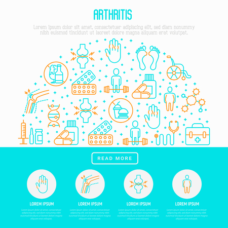 Arthritis concept in circle with thin line icons of symptoms and treatments: pain in joints, obesity, fast food, alcohol, medicine, wheelchair. Vector illustration for banner, web page, print media.のイラスト素材