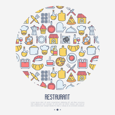 Restaurant concept in circle with thin line icons: chef, kitchenware, food, beverages for menu or print media. Vector illustration for banner, web page.のイラスト素材