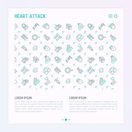 Heart attack concept with thin line icons of symptoms and treatments. Modern vector illustration for medical report or survey, banner, web page, print media with place for text.のイラスト素材