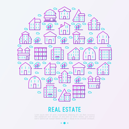 Real estate concept in circle with thin line houses and trees. Modern vector illustration for background of banner, web page, print media.のイラスト素材