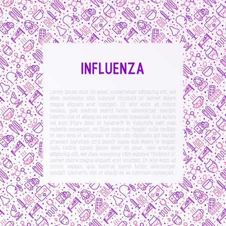 Influenza concept with thin line icons of symptoms and treatments: runny nose, headache, pain in throat, temperature, pills, medicine. Vector illustration for banner, web page, print media.のイラスト素材