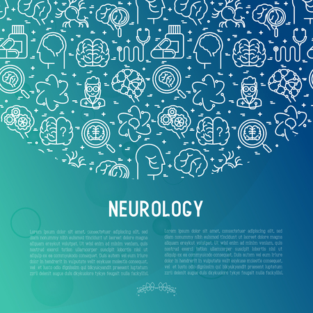 Neurology concept with thin line icons: brain, neuron, neural connections, neurologist, magnifier. Vector illustration for medical survey or report with place for text.のイラスト素材