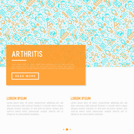Arthritis concept with thin line icons of symptoms and treatments: pain in joints, obesity, fast food, alcohol, medicine, wheelchair. Vector illustration for banner, web page, print media.のイラスト素材