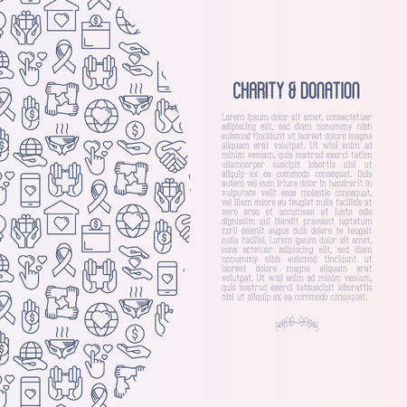 Charity and donation concept with thin line icons related to nonprofit organizations, fundraising, crowdfunding and charity project. Vector illustration for banner, print media.のイラスト素材