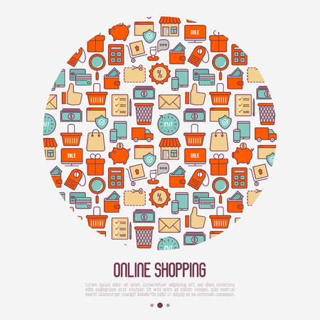 E-commerce, shopping concept in circle with thin line icons: shopping cart, payment method, delivery, sale. Vector illustration for background of banner, web page, print media.のイラスト素材