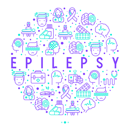 Epilepsy concept in circle with thin line icons of symptoms and treatments: convulsion, disorder, dizziness, brain scan. World epilepsy day. Vector illustration for banner, web page, print media.のイラスト素材