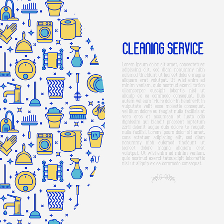 Cleaning service concept with thin line icons: iron, washer, robot vacuum cleaner, brushes and other accessories for household. Vector illustration for banner, web page, print media.のイラスト素材