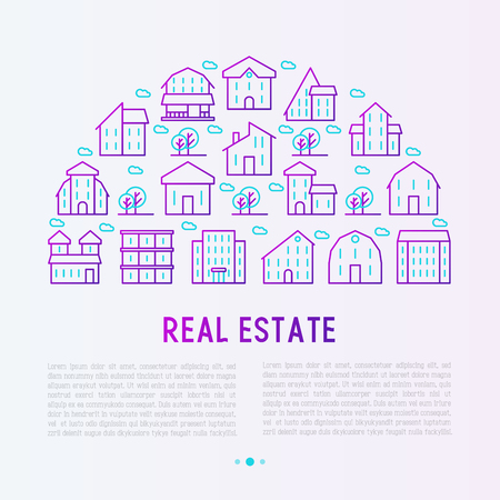 Real estate concept in half circle with thin line houses and trees. Modern vector illustration for background of banner, web page, print media with place for text.のイラスト素材
