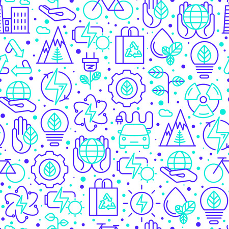 Ecology and green energy seamless pattern with thin bicolor line icons for environmental, recycling, renewable energy, nature. Vector illustration for banner, web page, print media.のイラスト素材