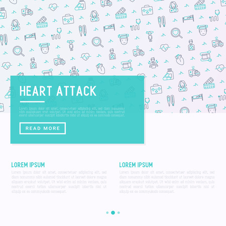 Heart attack concept with thin line icons of symptoms and treatments. Modern vector illustration for medical report or survey, banner, web page, print media with place for text.のイラスト素材
