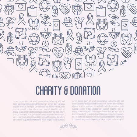 Charity and donation concept with thin line icons related to nonprofit organizations, fundraising, crowdfunding and charity project. Vector illustration for banner, print media.のイラスト素材
