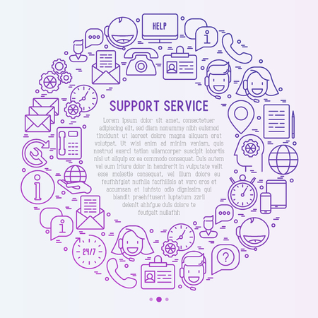 Support service concept in circle with thin line call center or customer service icons. Vector illustration for banner, web page of support center with place for text.のイラスト素材