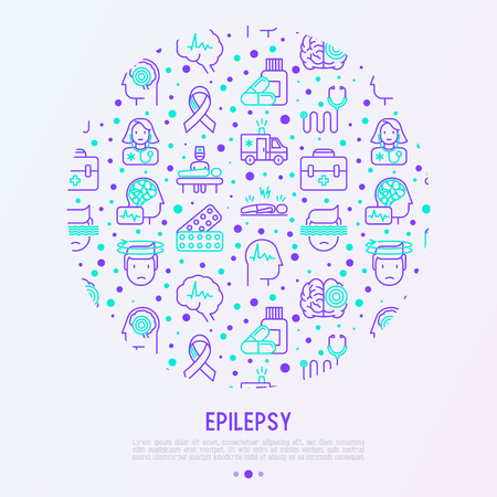 Epilepsy concept in circle with thin line icons of symptoms and treatments: convulsion, disorder, dizziness, brain scan. World epilepsy day. Vector illustration for banner, web page, print media.の素材 [FY310101081935]