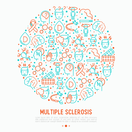 Multiple sclerosis concept in circle with thin line icons of symptoms and treatments: disorientation, heredity, neuron myelin sheaths, vitamin D. Vector illustration for banner, web page.のイラスト素材