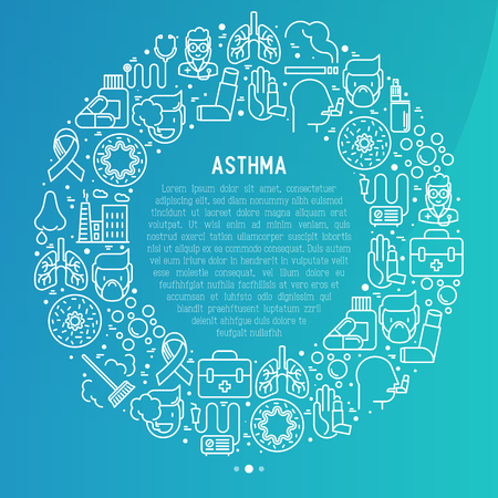 World asthma day concept in circle with thin line icons: air pollution, smoking, respirator, therapist, inhaler, bronchi, allergy symptoms and allergens. Vector illustration for banner, web page.のイラスト素材