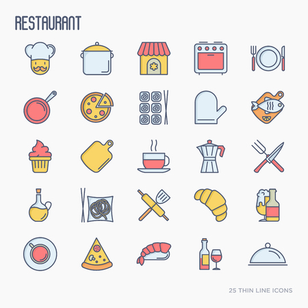 Restaurant thin line icons set: chef, kitchenware, food, beverages for menu or print media. Modern vector illustration.のイラスト素材