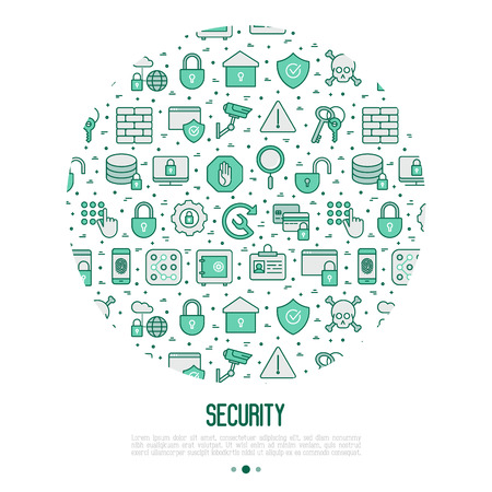 Security and protection concept in circle with thin line icons: data, surveillance camera, finger print, electronic key, password, alarm, safe. Vector illustration for banner, web page, print media.のイラスト素材