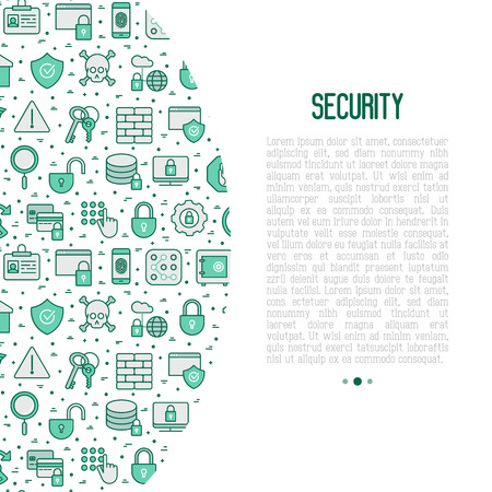 Security and protection concept with thin line icons: data, surveillance camera, finger print, electronic key, password, alarm, safe. Vector illustration for banner, web page, print media.のイラスト素材