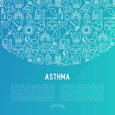 World asthma day concept with thin line icons: air pollution, smoking, respirator, therapist, inhaler, bronchi, allergy symptoms and allergens. Vector illustration for banner, web page.のイラスト素材