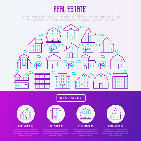 Real estate concept in half circle with thin line houses and trees. Modern vector illustration for background of banner, web page, print media with place for text.のイラスト素材