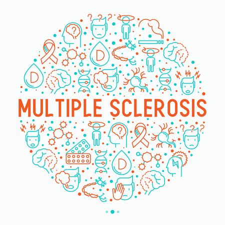 Multiple sclerosis concept in circle with thin line icons of symptoms and treatments: disorientation, heredity, neuron myelin sheaths, vitamin D. Vector illustration for banner, web page.のイラスト素材