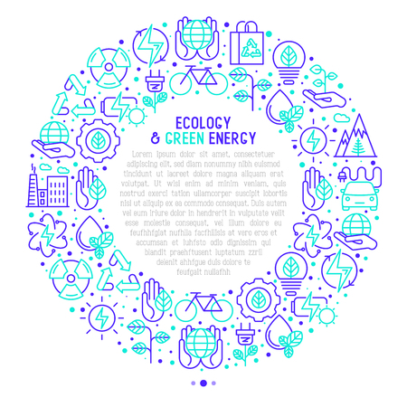 Ecology and green energy concept in circle with thin bicolor line icons for environmental, recycling, renewable energy, nature. Vector illustration for banner, web page, print media with place for text inside.のイラスト素材