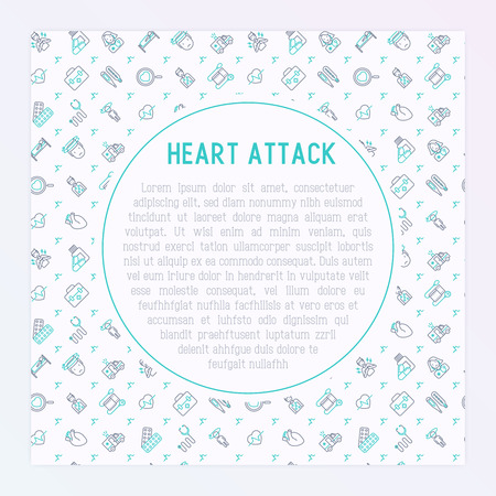 Heart attack concept with thin line icons of symptoms and treatments. Modern vector illustration for medical report or survey, banner, web page, print media with place for text.のイラスト素材