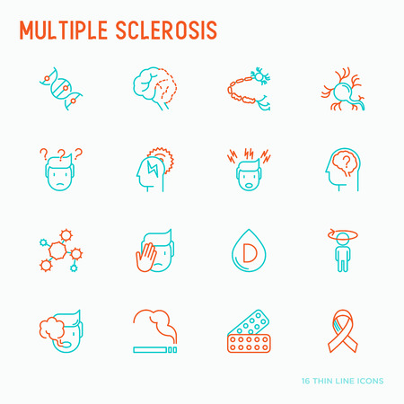 Multiple sclerosis thin line icons set of symptoms and treatments: disorientation, heredity, neuron myelin sheaths, vitamin D. Vector illustration.のイラスト素材