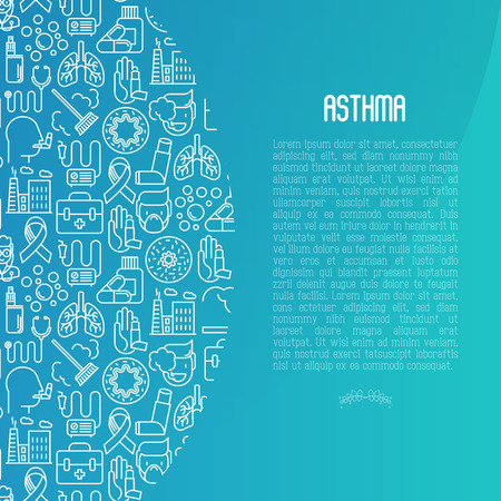 World asthma day concept with thin line icons: air pollution, smoking, respirator, therapist, inhaler, bronchi, allergy symptoms and allergens. Vector illustration for banner, web page.のイラスト素材