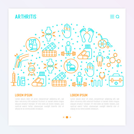 Arthritis concept in circle with thin line icons of symptoms and treatments: pain in joints, obesity, fast food, alcohol, medicine, wheelchair. Vector illustration for banner, web page, print media.のイラスト素材