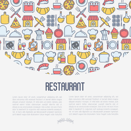 Restaurant concept with thin line icons: chef, kitchenware, food, beverages for menu or print media. Vector illustration for banner, web page.のイラスト素材