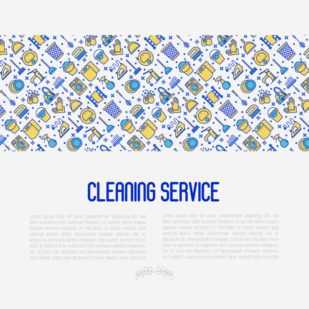 Cleaning service concept with thin line icons: iron, washer, robot vacuum cleaner, brushes and other accessories for household. Vector illustration for banner, web page, print media.のイラスト素材