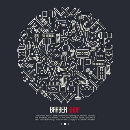 Monochrome barber shop concept in circle with thin line icons of shaving accessories. Vector illustration for web page, banner, print media.のイラスト素材