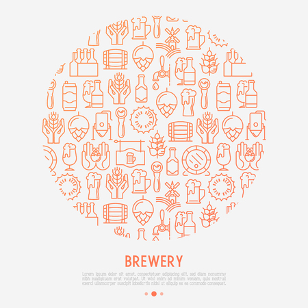 Beer concept in circle with thin line icons related to brewery and Beer October Festival. Modern vector illustration for banner, web page, print media.のイラスト素材