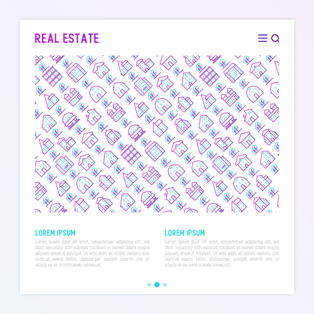 Real estate concept with thin line houses and trees. Modern vector illustration for background of banner, web page, print media with place for text.のイラスト素材