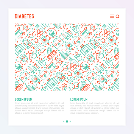 Diabetes concept with thin line icons of symptoms and prevention care. Vector illustration for background of medical survey or report, for banner, web page, print media with place for text. のイラスト素材