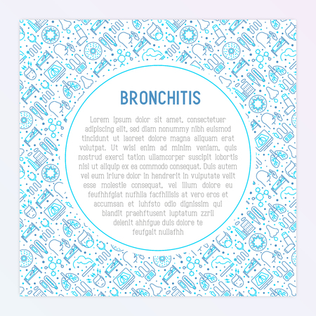Bronchitis concept with thin line icons of symptoms and treatments: headache, alveolus, inhaler, nebulizer, stethoscope, thermometer,  x-ray, bed rest. Vector illustration for banner, print media.のイラスト素材