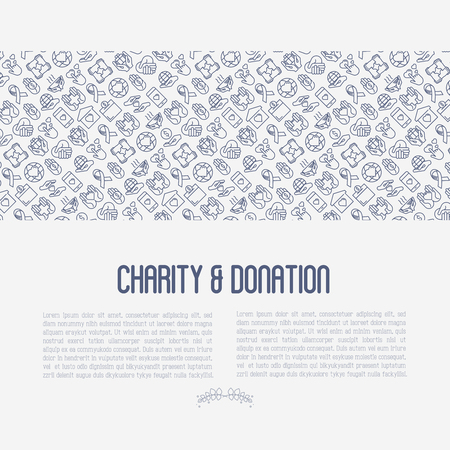 Charity and donation concept with thin line icons related to nonprofit organizations, fundraising, crowdfunding and charity project. Vector illustration for banner, print media.のイラスト素材