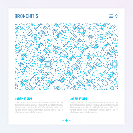 Bronchitis concept with thin line icons of symptoms and treatments: headache, alveolus, inhaler, nebulizer, stethoscope, thermometer,  x-ray, bed rest. Vector illustration for banner, print media.のイラスト素材
