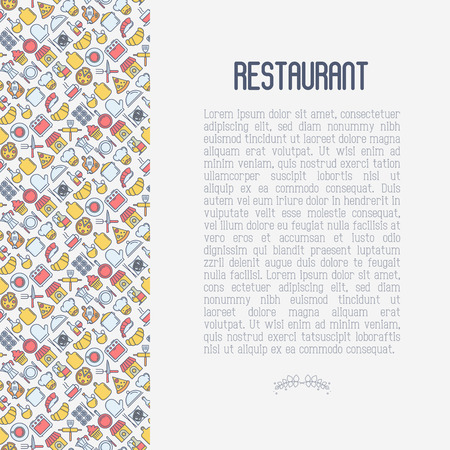 Restaurant concept with thin line icons: chef, kitchenware, food, beverages for menu or print media. Vector illustration for banner, web page.のイラスト素材