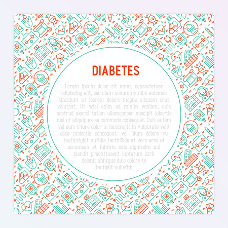 Diabetes concept with thin line icons of symptoms and prevention care. Vector illustration for background of medical survey or report, for banner, web page, print media. のイラスト素材