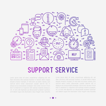 Support service concept in half circle with thin line call center or customer service icons. Vector illustration for banner, web page of support center with place for text.のイラスト素材