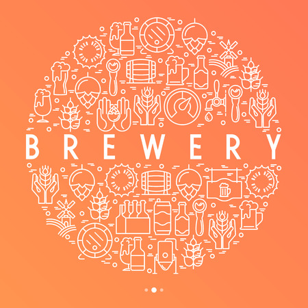 Beer concept in circle with thin line icons related to brewery and Beer October Festival. Modern vector illustration for banner, web page, print media.のイラスト素材