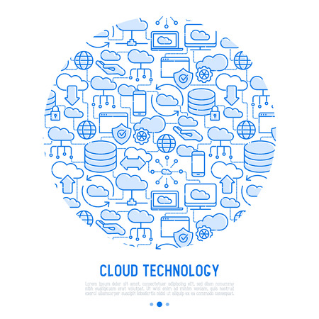 Cloud computing technology concept in circle with thin line icons related to hosting, server storage, cloud management, data security, mobile and desktop memory. Vector illustration.のイラスト素材