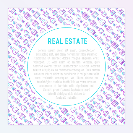 Real estate concept with thin line houses and trees. Modern vector illustration for background of banner, web page, print media with place for text.のイラスト素材