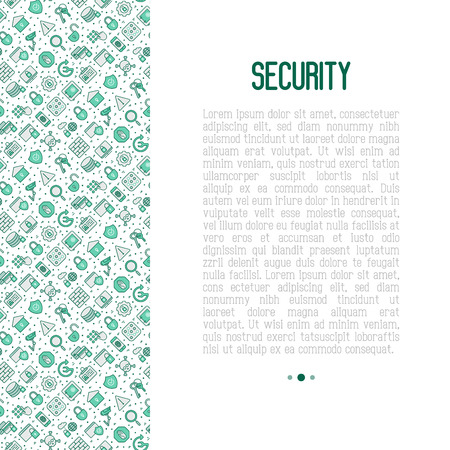 Security and protection concept with thin line icons: data, surveillance camera, finger print, electronic key, password, alarm, safe. Vector illustration for banner, web page, print media.のイラスト素材