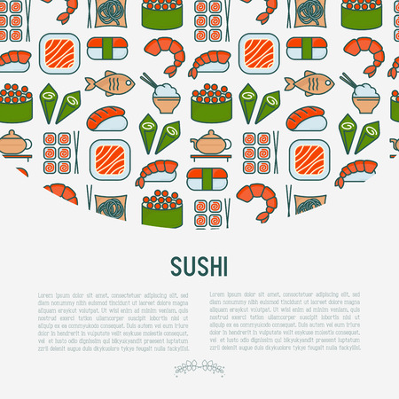 Japanese food concept with thin line icons of sushi, noodles, tea, rolls, shrimp, fish, sake. Vector illustration for banner, web page or print media.のイラスト素材